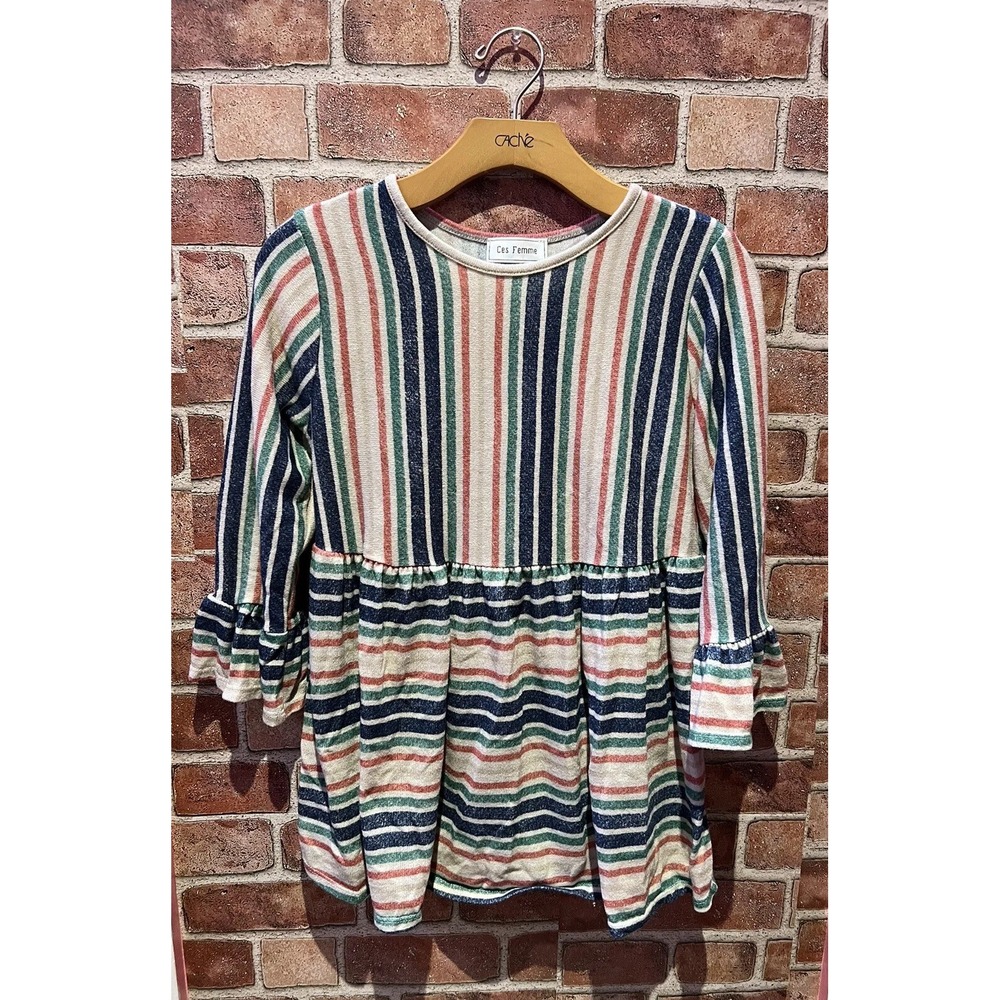 Ces Femme Casual Women's Size M/L Striped Multi-Color Ruffled Long Slv Top